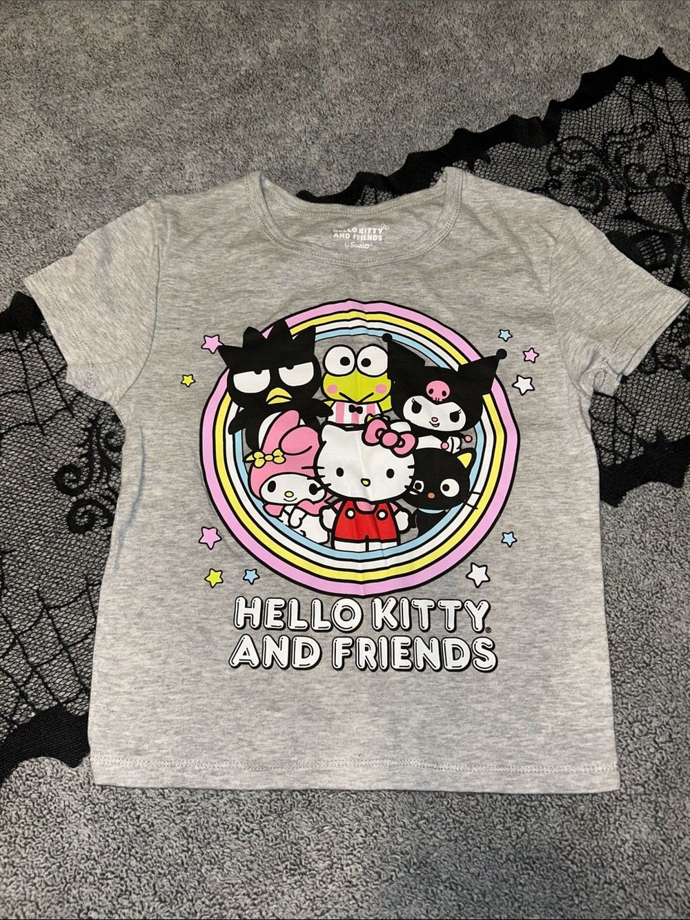 Sanrio Hello Kitty And Friends Grey Tee with Pastel Rainbow Graphic